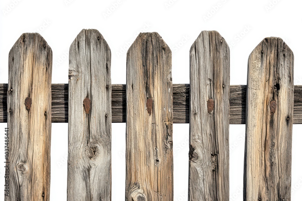 Fototapeta premium A close-up view of an antique wooden fence, isolated against white background. Perfect for themes related to rural life, vintage architecture, and natural materials.