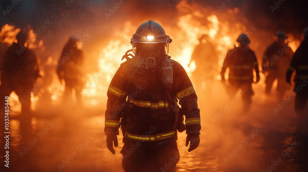 Firefighters, Firemen spraying high pressure water or suitable extinguishing agents to fire. Firefighters, Firemen spraying high pressure water or suitable extinguishing agents to fire.