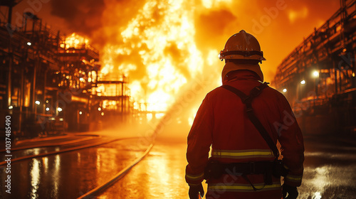 A group of firefighters use fire hoses to battle intense flames at major emergency fire that destroyed several buildings