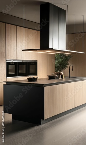 Modern kitchen island with wood cabinets and black accents.