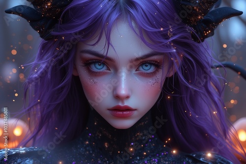 A mystical fantasy portrait of a character with short purple hair and sparkling makeup, set against an enchanting background with magical lights and a hint of Halloween atmosphere. photo