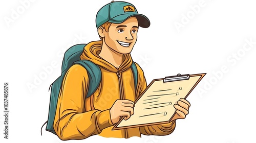 Happy Backpacker Checking Checklist for Adventure Travel