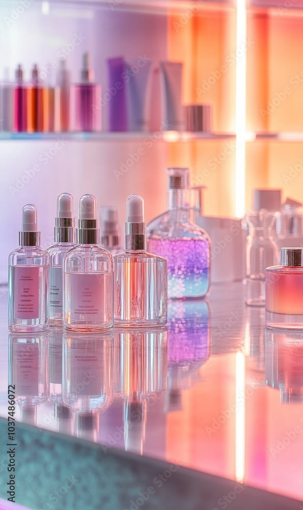 Glass bottles of perfume on shelf. Glass bottles of perfume on shelf.