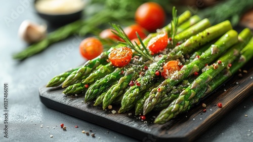 Freshly cooked asparagus and roasted cherry tomatoes on a white plate garnished with herbs and spices