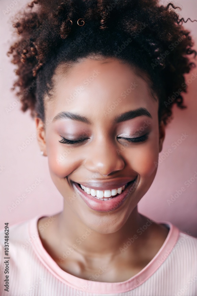 A black woman with curly hair exudes happiness as she smiles gently against a soft pink backdrop, capturing a moment of pure joy and confidence. Generative AI A black woman with curly hair exudes happiness as she smiles gently against a soft pink backdrop, capturing a moment of pure joy and confidence. Generative AI