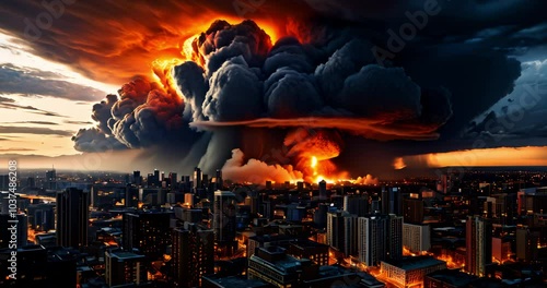 The Brutal Power of a Nuclear Blast. The Collapse of A City in Flames. War related concept.