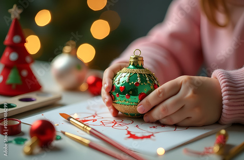 A child decorates a Christmas New Year green ball paint during the Christmas season at home DIY