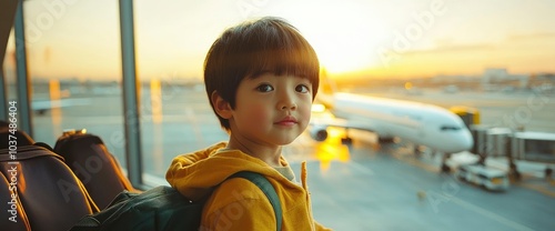 Young Boy Looking Out Airport Window at Airplane During Sunset