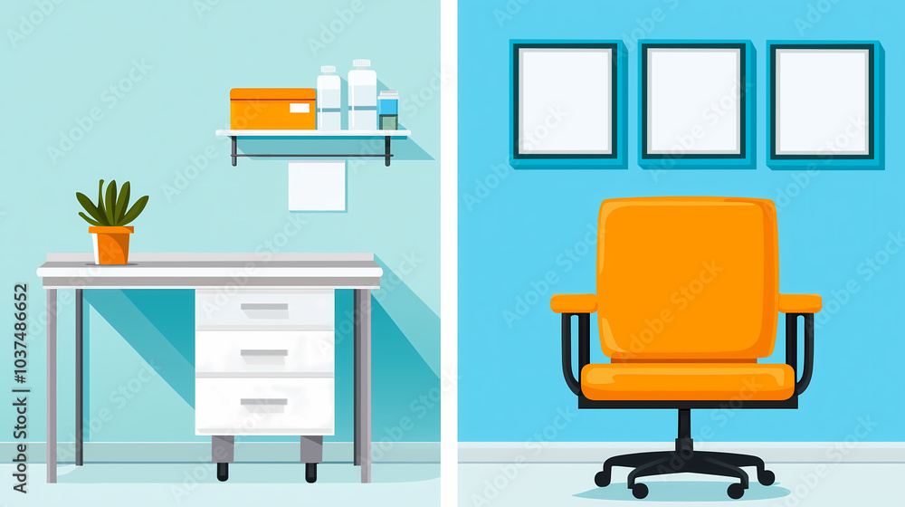 Flat color Illustration of Modern Healthcare Facility with Desk and Chair Flat color Illustration of Modern Healthcare Facility with Desk and Chair