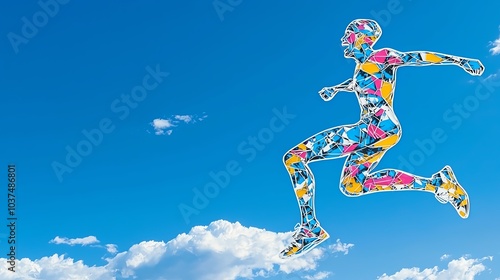 Popart design of a colorful person jumping joyfully.