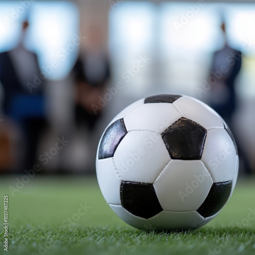 a soccer ball on the grass in front of a group of people