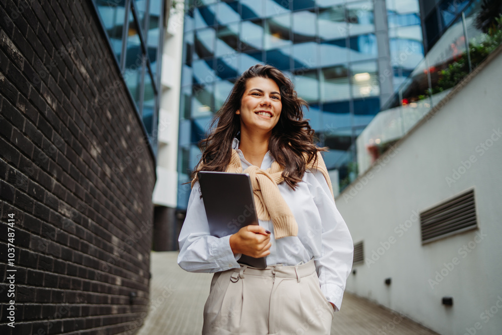 Fototapeta premium Young businesswoman going to work in front of modern business building
