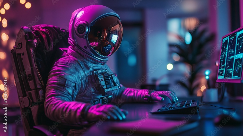 Astronaut in a space suit humorously working at a sleek, modern office computer in a futuristic digital art setting.
Astronaut in a space suit humorously working at a sleek, modern office computer in a futuristic digital art setting.