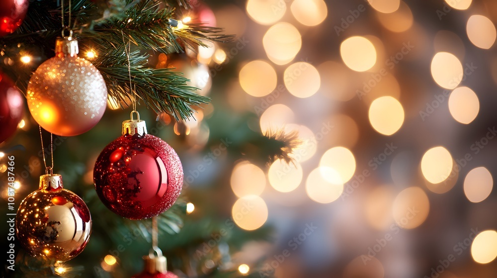 Close-up of Christmas Ornaments on a Decorated Tree with Blurry Lights in the Background Close-up of Christmas Ornaments on a Decorated Tree with Blurry Lights in the Background
