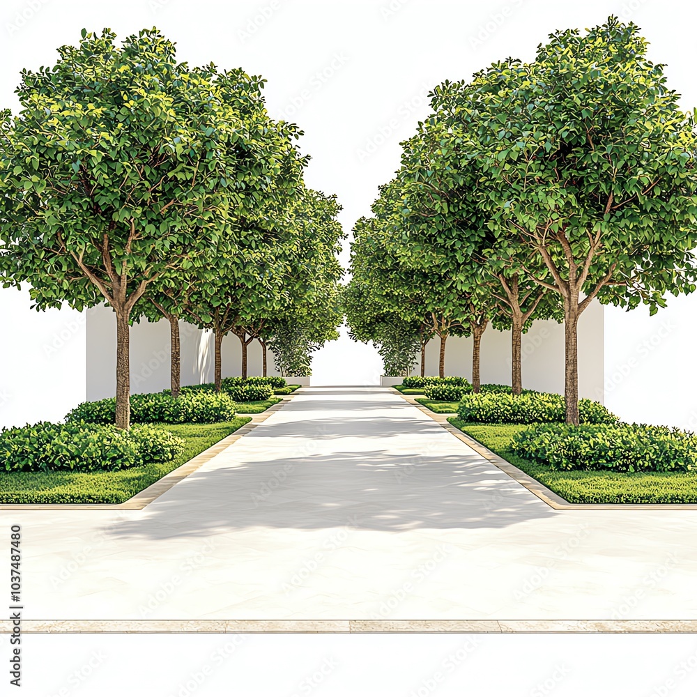 Obraz premium Pathway lined with lush green trees.