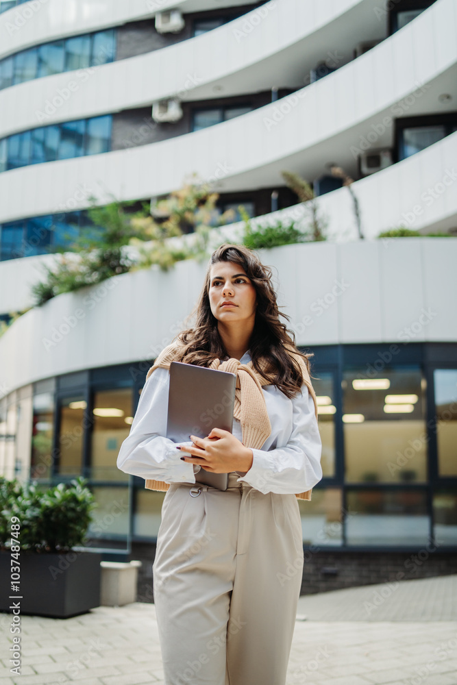 Fototapeta premium Young businesswoman going to work in front of modern business building