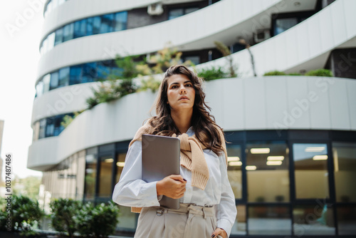 Obraz na płótnie Young businesswoman going to work in front of modern business building