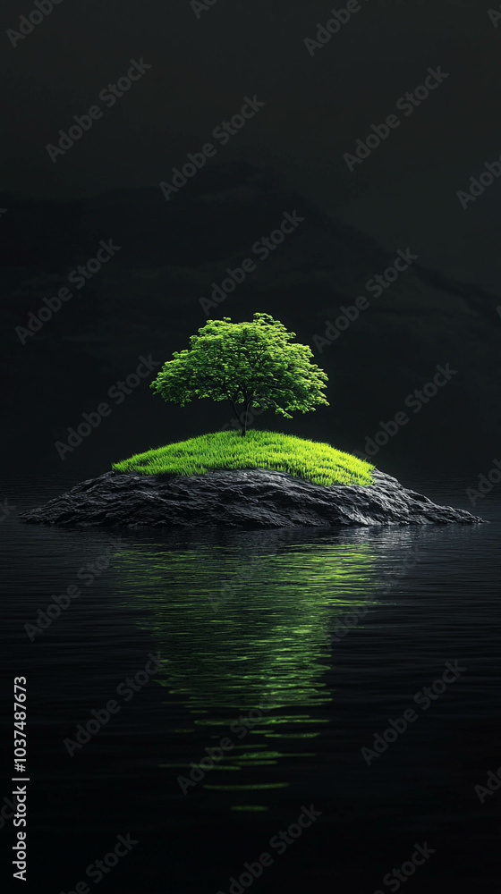 Minimalist scene, black background, There is a green island on the black sea surface Minimalist scene, black background, There is a green island on the black sea surface
