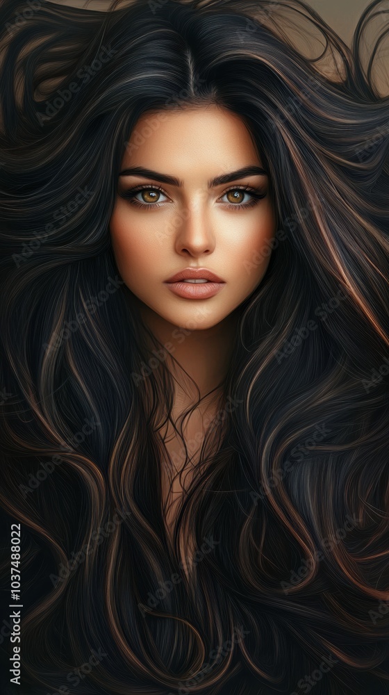 Fototapeta premium This Portrait Features a Stunning Woman With Long, Lustrous Hair, Beautifully Framing Her Face