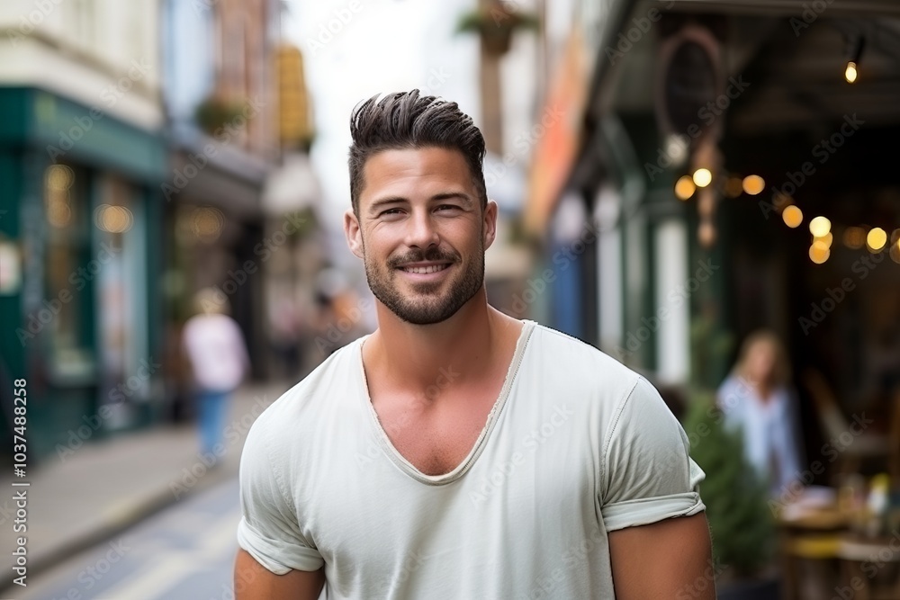 Portrait of a handsome young man smiling at the camera while standing in the street. Portrait of a handsome young man smiling at the camera while standing in the street.