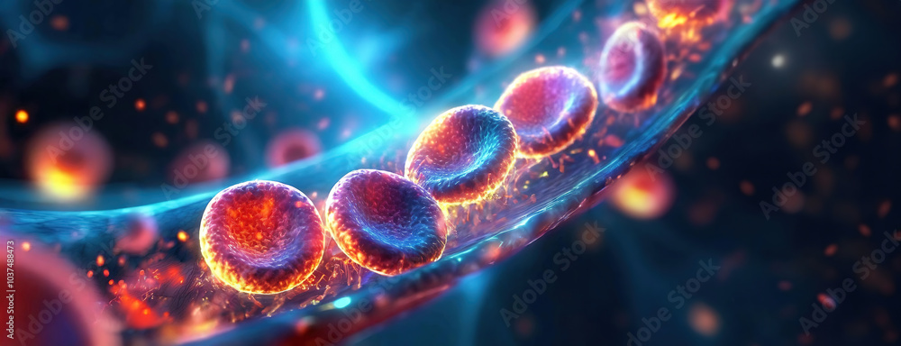 Red blood cells flowing through a vein with vibrant lighting effects.