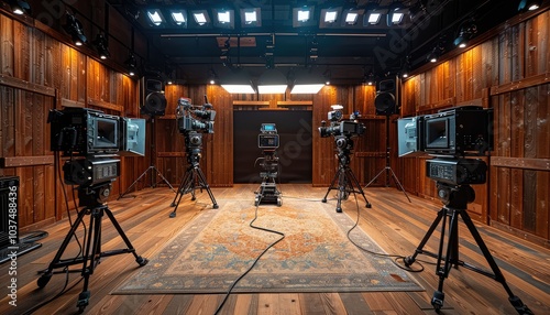 Professional Film Studio with Multiple Cameras and Lighting Equipment