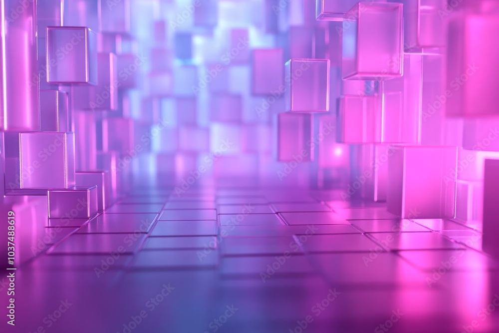 Futuristic Vivid Neon Tunnel of Floating Geometric Cubes in Pink and Purple Hues Futuristic Vivid Neon Tunnel of Floating Geometric Cubes in Pink and Purple Hues