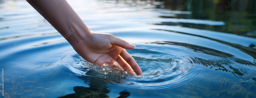 A hand gently touches the surface of calm water, creating ripples, captured in a serene outdoor setting with reflections in the water.