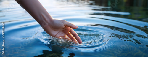 Obraz na płótnie A hand gently touches the surface of calm water, creating ripples, captured in a serene outdoor setting with reflections in the water. w salonie