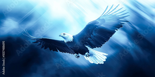 Large eagle is flying in the sky with a blue background. Concept of freedom and power, as the eagle soars through the air with its wings spread wide