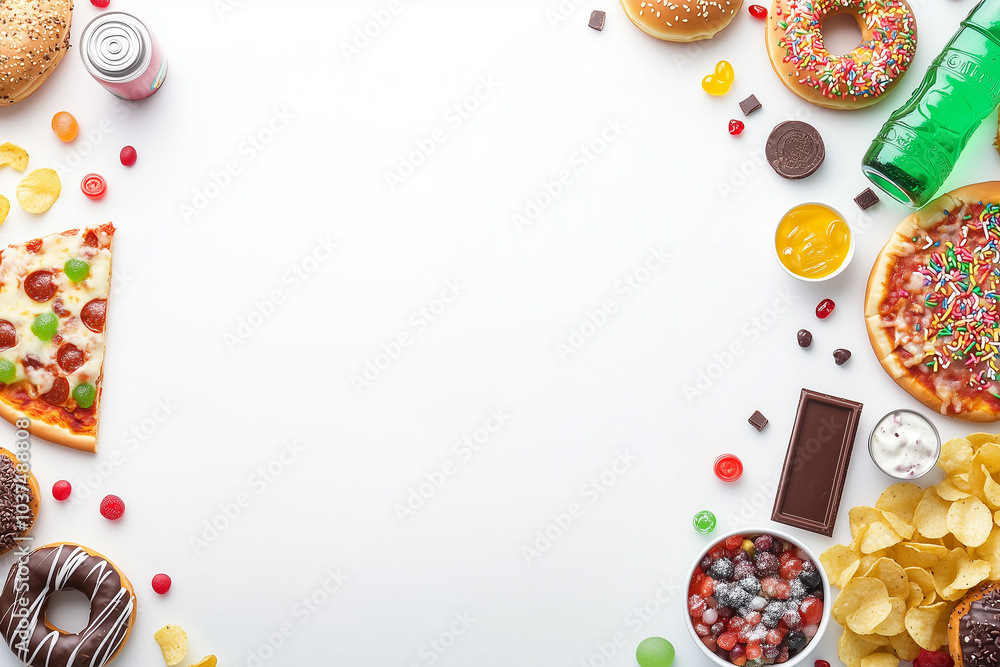 Colorful background of fast food and snacks on white table, top view. Flat lay composition with copy space for design. Colorful background of fast food and snacks on white table, top view. Flat lay composition with copy space for design.