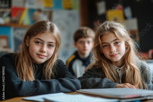 Smart European schoolgirl and boy sitting together at desk in classroom during lesson in private school, Generative AI