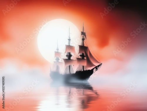 Ghostly Pirate Ship Emerging from Misty Waters