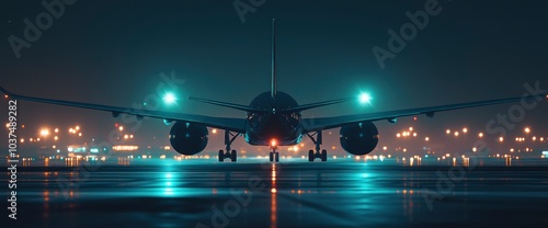 Airplane on Runway at Night