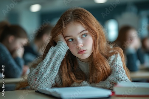 Tired and bored schoolgirl sitting at desk in classroom at school, writing in her notebook and thinking, resting head on hand, Generative AI