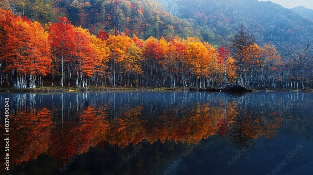 Autumn Reflections: Serene and tranquil, a mist-shrouded lake reflects the vibrant hues of autumn foliage, painting a breathtaking masterpiece in nature. Autumn Reflections: Serene and tranquil, a mist-shrouded lake reflects the vibrant hues of autumn foliage, painting a breathtaking masterpiece in nature.