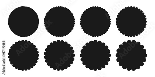 Set of Black Silhouette Circles shape with Scallop edge . Price tag, sale, discount offer Round frames sticker. Simple Abstract flower shape badge label icon button stamp. Design element
