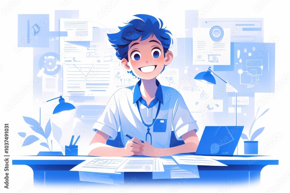Vibrant Workspace with Smiling Character in Blue Tones Vibrant Workspace with Smiling Character in Blue Tones
