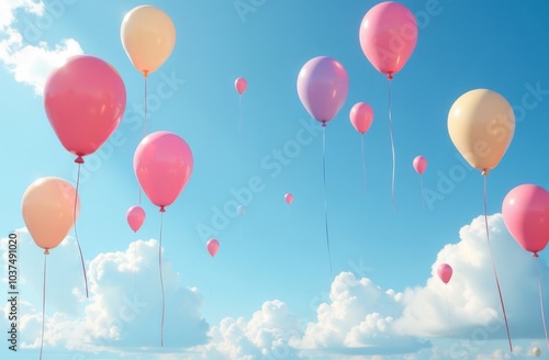Bunch of colourful helium balloons flying away in a cloudy sky