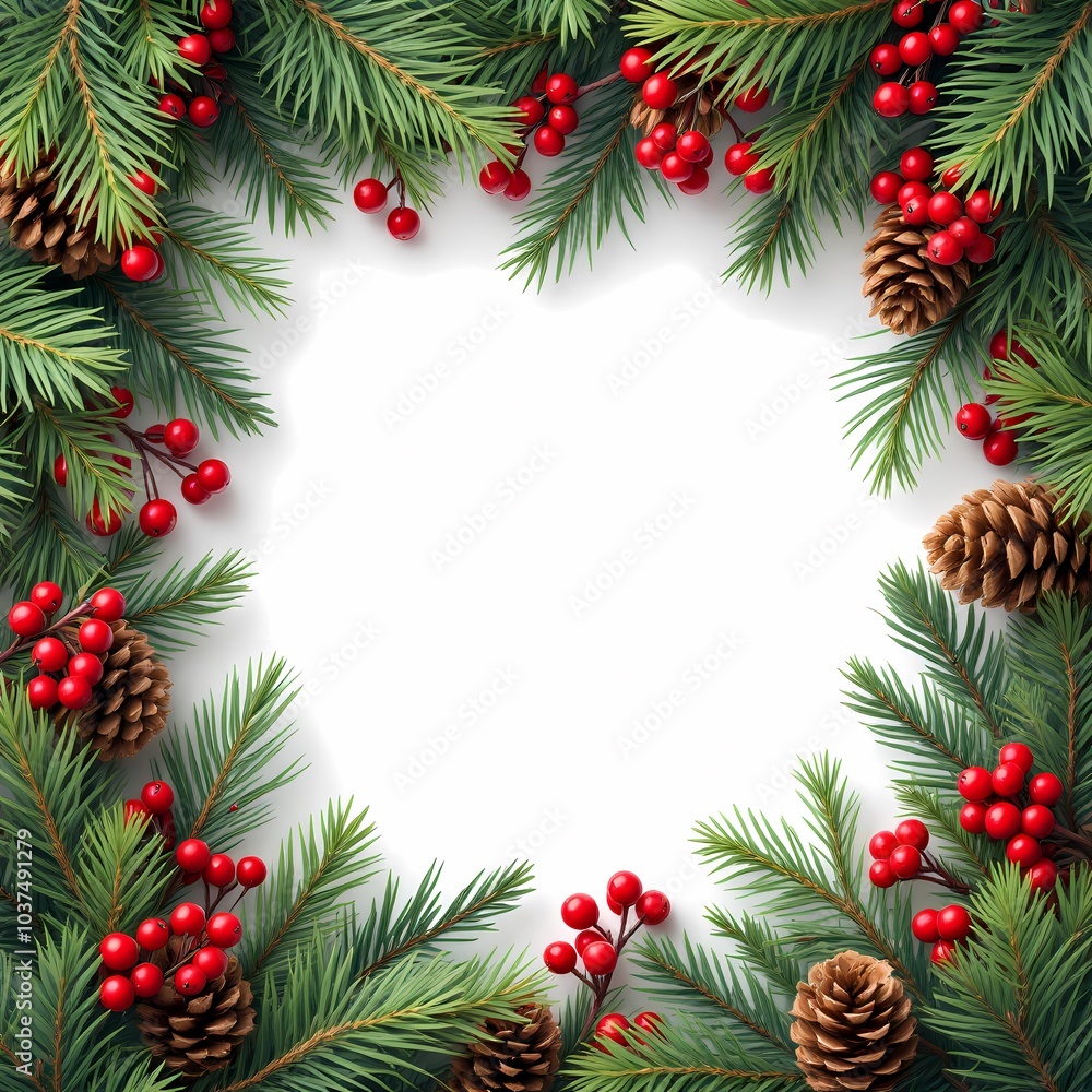 Christmas border with tree branches red berries and pine cones Christmas border with tree branches red berries and pine cones