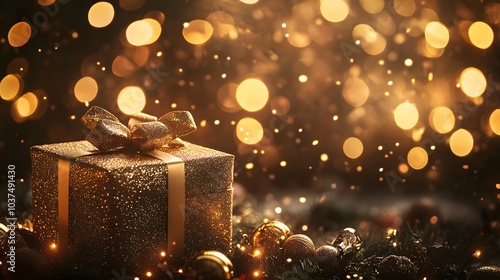 A Sparkling Gold Gift Box Surrounded by Christmas Decorations