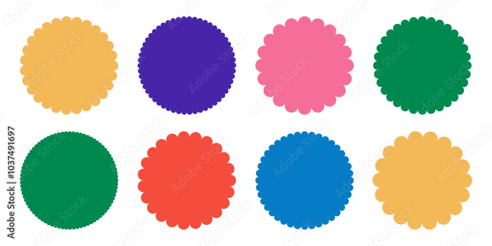 Scalloped edge Colorful circle sticker set. Abstract Playful Starburst flower shape. Empty promo Price discount Sale badge. Template for Kids design. Vector illustration Scalloped edge Colorful circle sticker set. Abstract Playful Starburst flower shape. Empty promo Price discount Sale badge. Template for Kids design. Vector illustration