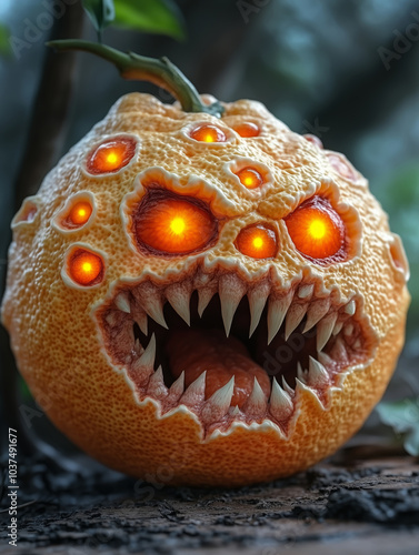 A terrifying orange with glowing eyes, sharp teeth, and monstrous features, resembling a grotesque jack-o'-lantern, perfect for a twisted Halloween fantas photo