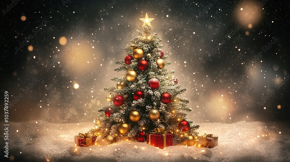 Festive Christmas Tree with Decorations and Snow Festive Christmas Tree with Decorations and Snow