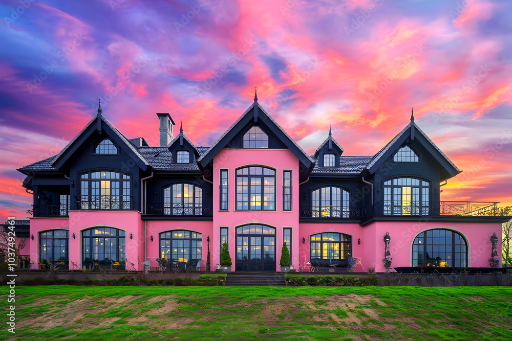 Modern residential architecture in a pink and black house with a bright sky. Modern residential architecture in a pink and black house with a bright sky.