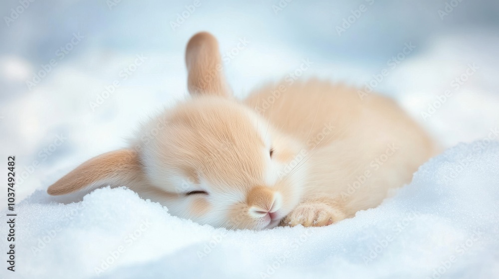 Adorable Baby Bunny Sleeping in Soft Snow Adorable Baby Bunny Sleeping in Soft Snow