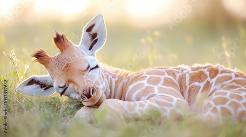 Cute Baby Giraffe Sleeping in Gentle Light