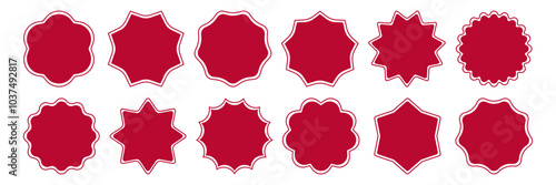 Black Starburst silhouette sticker collection. Circle Stamp Blank set. Wavy scallop zigzag edge shapes. Promo Sale Offer Price tag icon. Simple Frame. Flat design labels. Vector illustration
