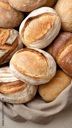 A basket filled with artisanal bread rolls, showcasing a variety of textures and crusts, emphasizing freshness and homemade quality.