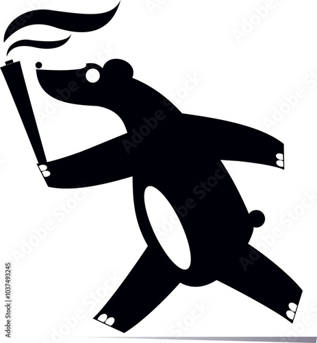 Running bear holds a torch. 
Running cute bear with a torch of sport. Black and white illustration
